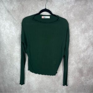 Free People FP Beach Ribbed Lettuce Hem Long Sleeve Top In Green Women's Sz S